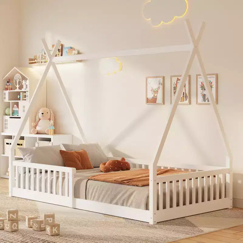 Letto a pavimento per bambini, letti a tenda singoli, letto Montessori a pavimento con doghe e sponde, struttura letto a casetta in legno per bambini e bambine