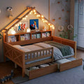 Estructura de cama tipo casita de tamaño completo con cajones, cama plataforma tipo casita con luces LED, estantes y cajones de almacenamiento, diván de madera con techo y barandilla