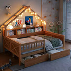 Estructura de cama tipo casita de tamaño completo con cajones, cama plataforma tipo casita con luces LED, estantes y cajones de almacenamiento, diván de madera con techo y barandilla