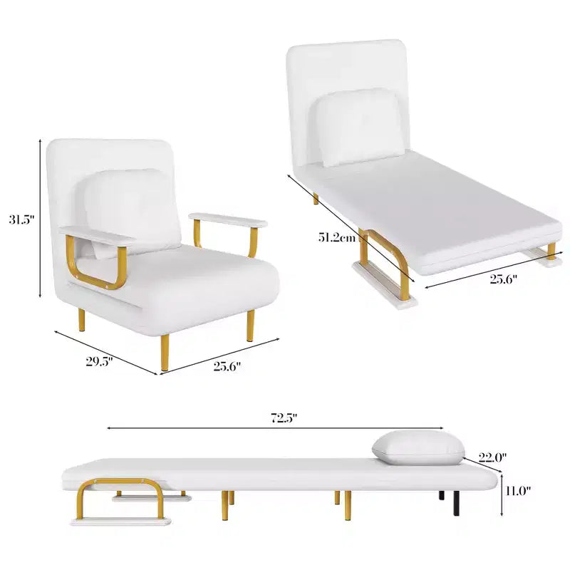 Divano letto pieghevole 3-in-1, poltrona trasformabile con schienale regolabile in 5 posizioni e cuscino, letto salvaspazio per soggiorno, camera da letto e ufficio (bianco)