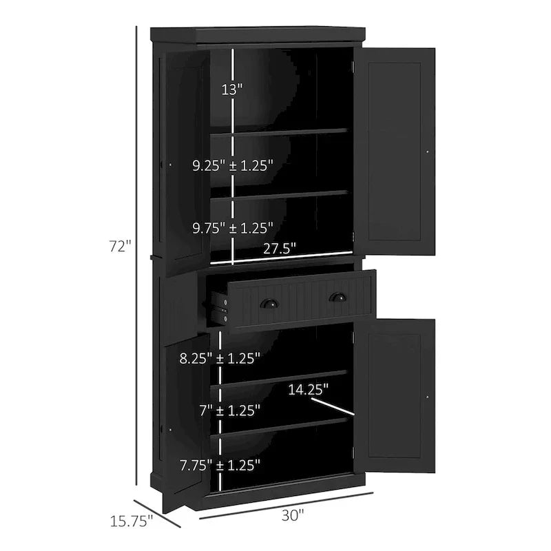 Dispensa da cucina da 72 pollici, mobile tradizionale indipendente con 4 ante e 3 ripiani regolabili, ampio cassetto centrale