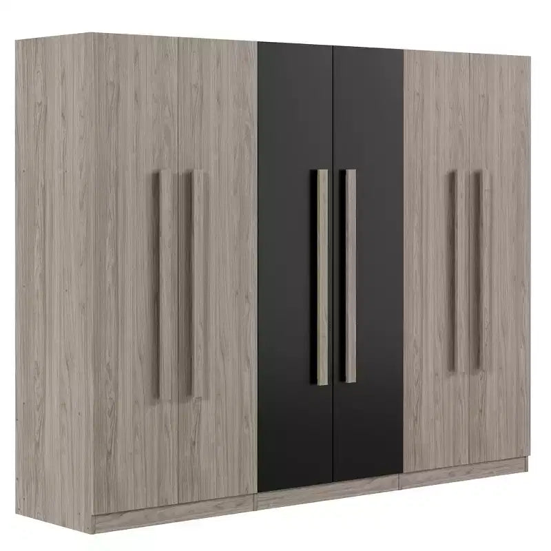 83W Kleiderschrank mit 6 Türen, 2 Schubladen, Kleiderstangen und Ablageböden, Schwarz/Natur – ModernLuxe
