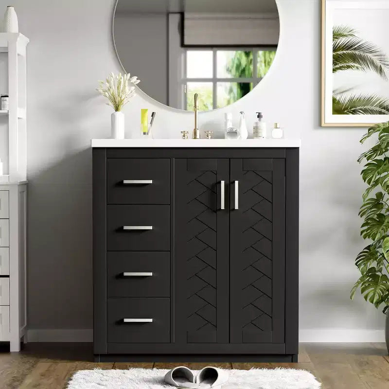 Meuble-lavabo de salle de bains de 30 po à lavabo simple, avec armoire et 3 tiroirs – noir / bleu / vert / indigo / blanc