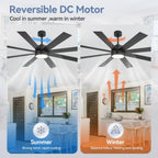 Ventilatore da soffitto nero da 65 pollici con 8 pale, LED, luce e telecomando