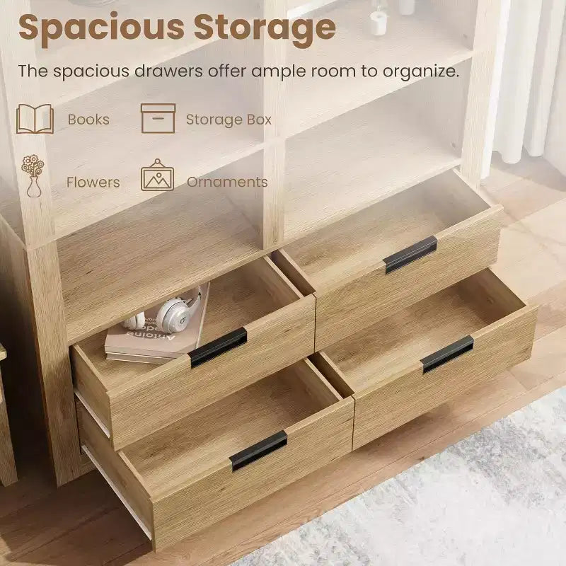 Libreria alta 72 con 4 cassetti, scaffale contenitore indipendente in stile rustico per camera da letto, soggiorno e ufficio domestico