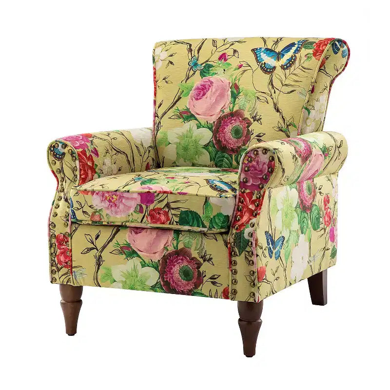 Araceli traditionele houten bloemenfauteuil met bekleding, hoge rugleuning en sierspijkerrand| ART OF LIVING DESIGNS