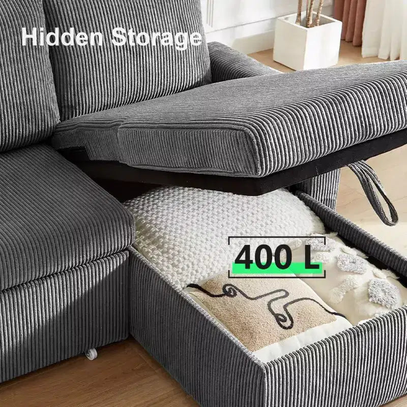 Sofá cama extraíble 2 en 1 Dyonery con chaise longue con almacenamiento, sofá seccional de pana C con puertos USB para sala de estar