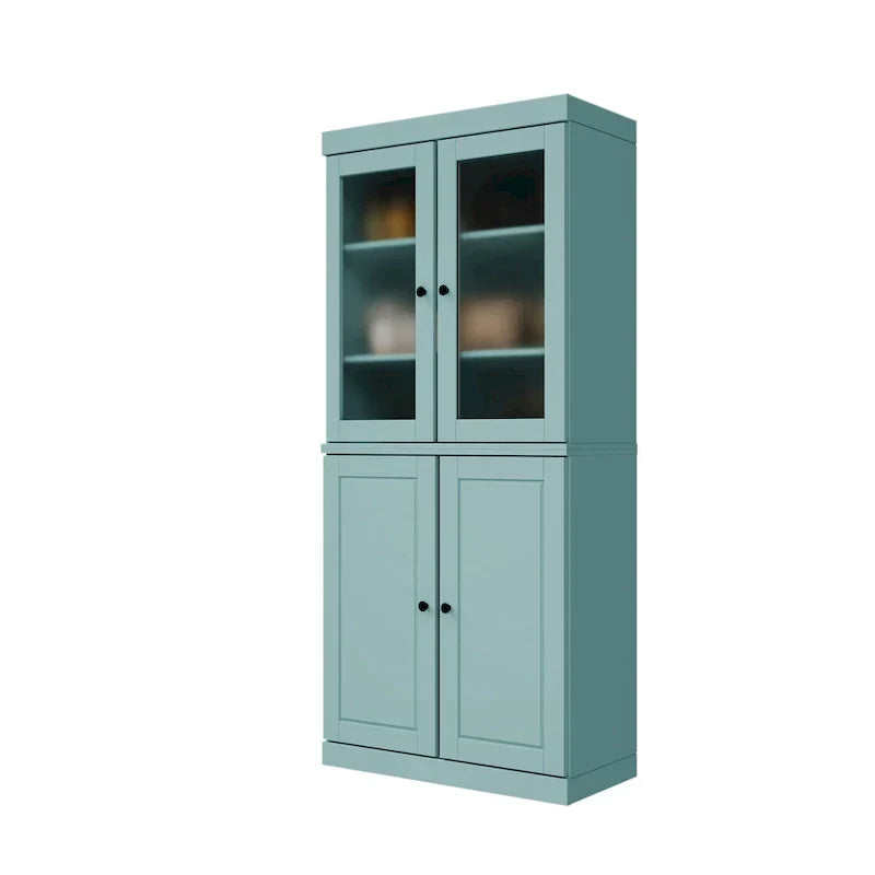 Armario despensa 100 % de madera maciza con puertas de vidrio esmerilado, puertas sólidas, 2 cajones y estantes ajustables