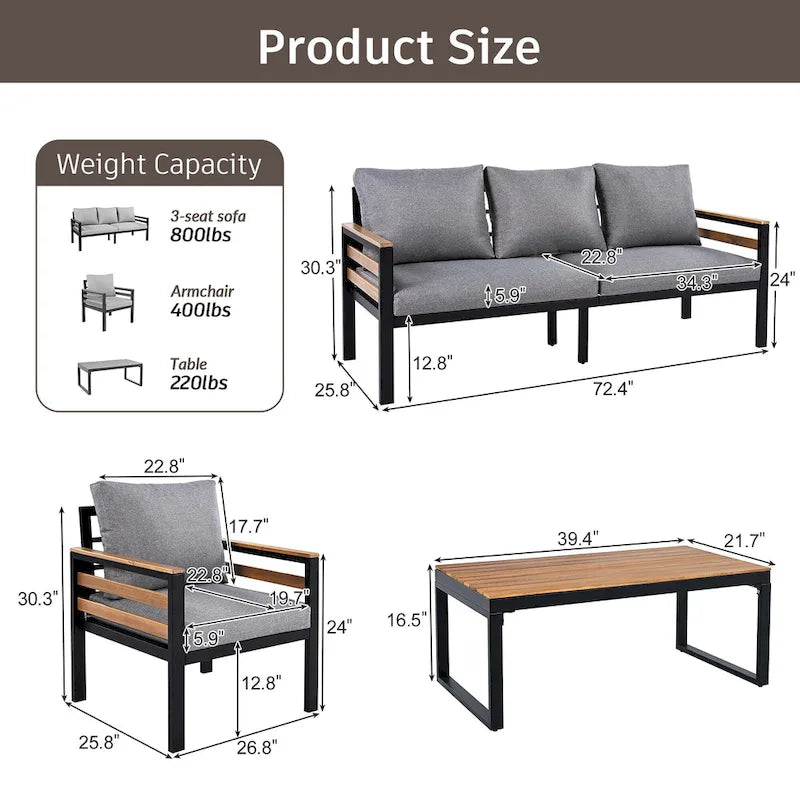 4-teiliges Gartensofaset für 5 Personen mit Couchtisch aus Massivholz und abnehmbaren Kissen