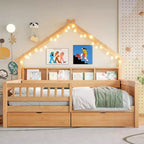Estructura de cama tipo casita de tamaño completo con cajones, cama plataforma tipo casita con luces LED, estantes y cajones de almacenamiento, diván de madera con techo y barandilla
