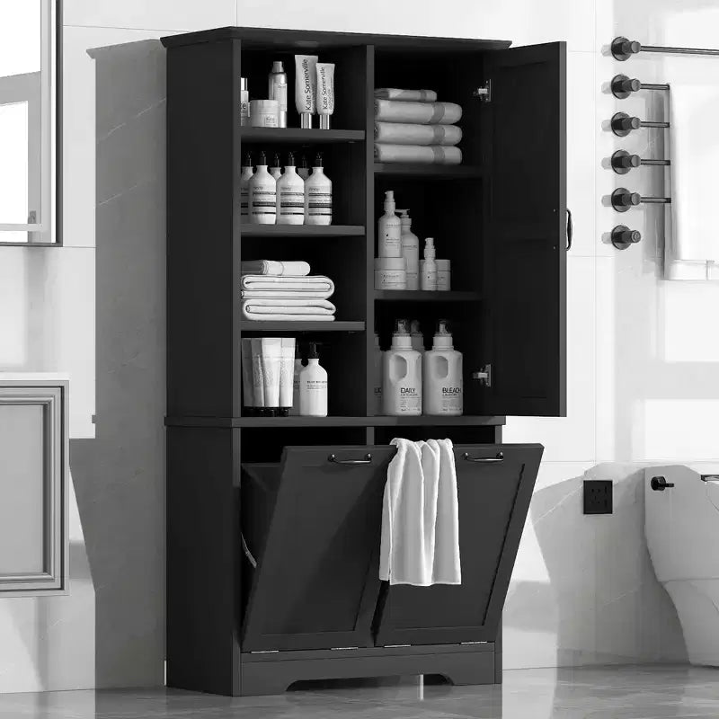 Mobiletto da bagno con ante e cassetti, portabiancheria ribaltabile, ampio spazio contenitivo, modello indipendente