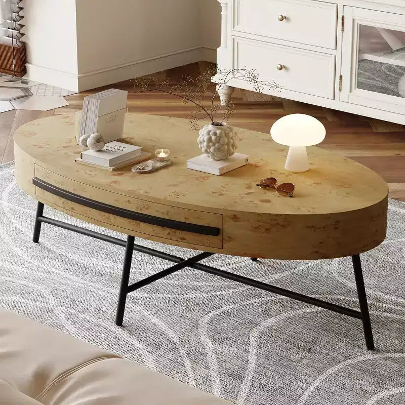 Tavolino da caffè ovale Acekool con cassetto, tavolo contenitore in legno da 47.2 con gambe incrociate in metallo, tavolino centrale moderno di metà secolo in finitura naturale e salice dorato