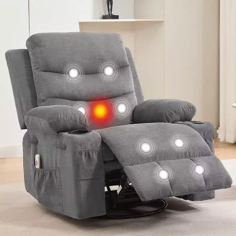 Otočné polohovací křeslo s houpáním, masáží a vyhříváním, otočné o 360° s držáky nápojů a bočními kapsami, ergonomická odpočinková pohovka do obývacího pokoje, karavanu nebo dětského pokoje