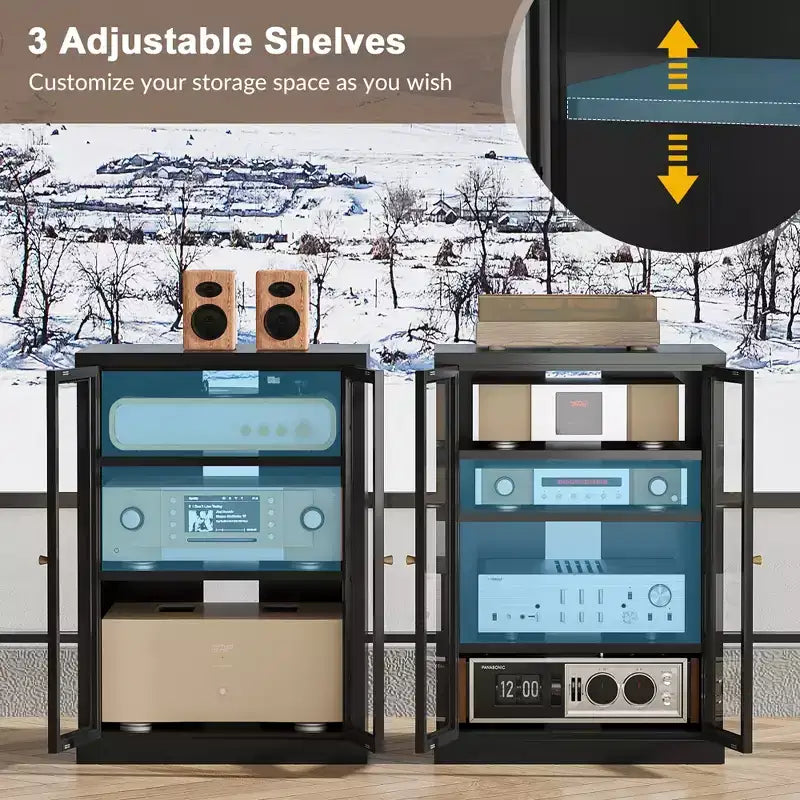 Mobile multimediale in metallo Bekrvio, mobile stereo a 4 ripiani con ante in vetro e ripiani regolabili, rack audio AV con gestione dei cavi