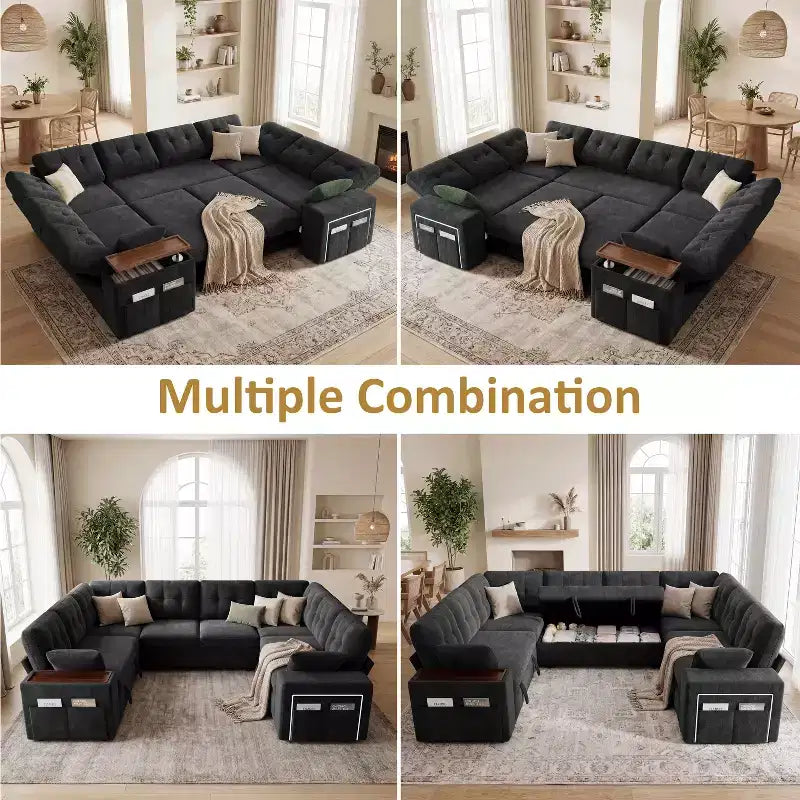 Divano componibile letto modulare Dyonery 112 con letto estraibile, divano componibile a U con contenitore, sedute extra larghe e profonde per il soggiorno
