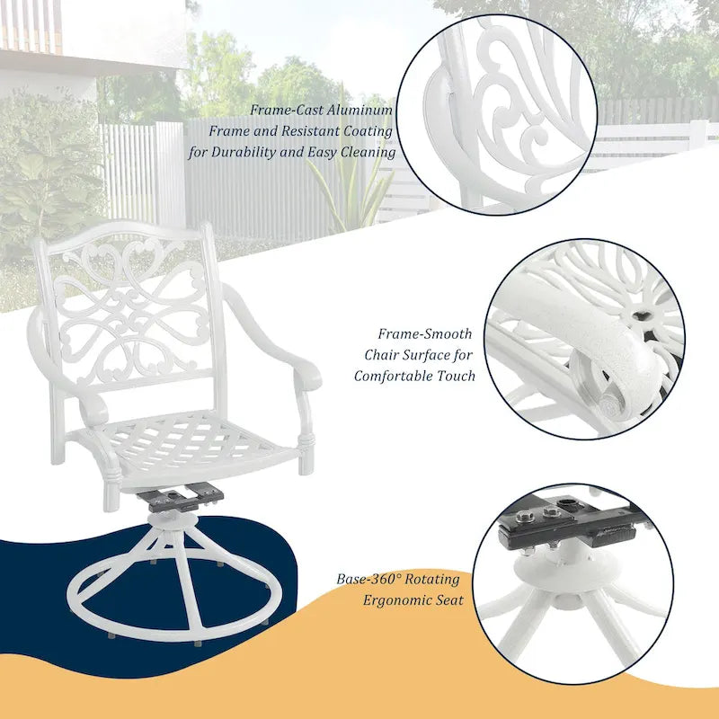 5-delige tuin-eetset van gegoten aluminium met 4 draaibare stoelen