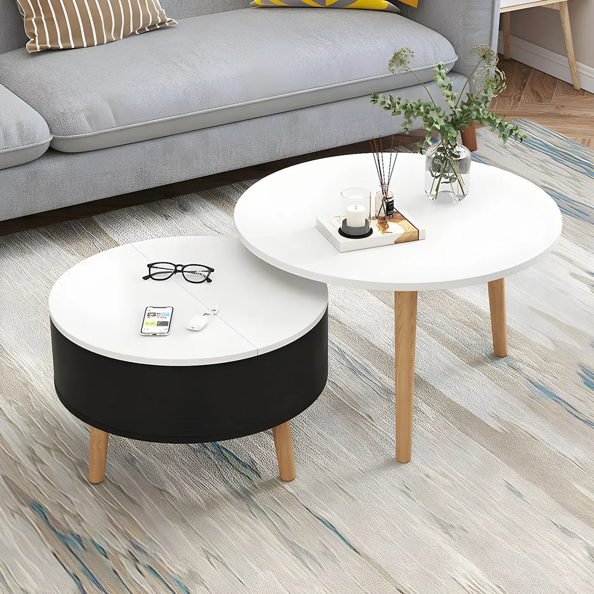 Tavolino da caffè moderno rotondo in legno bianco e nero con contenitore