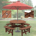 Conjunto de comedor de picnic redondo para patio exterior, de madera de abeto, para 8 personas, con 4 bancos integrados y orificio para sombrilla