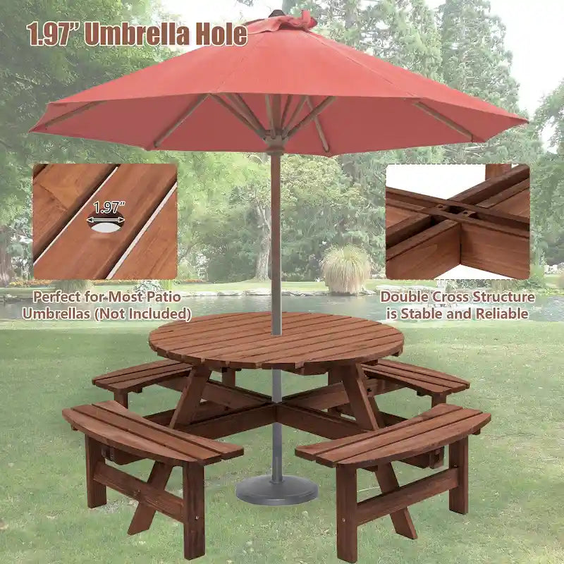 Rundes Picknick- und Essset aus Tannenholz für 8 Personen für die Terrasse, mit 4 integrierten Bänken und Sonnenschirmöffnung