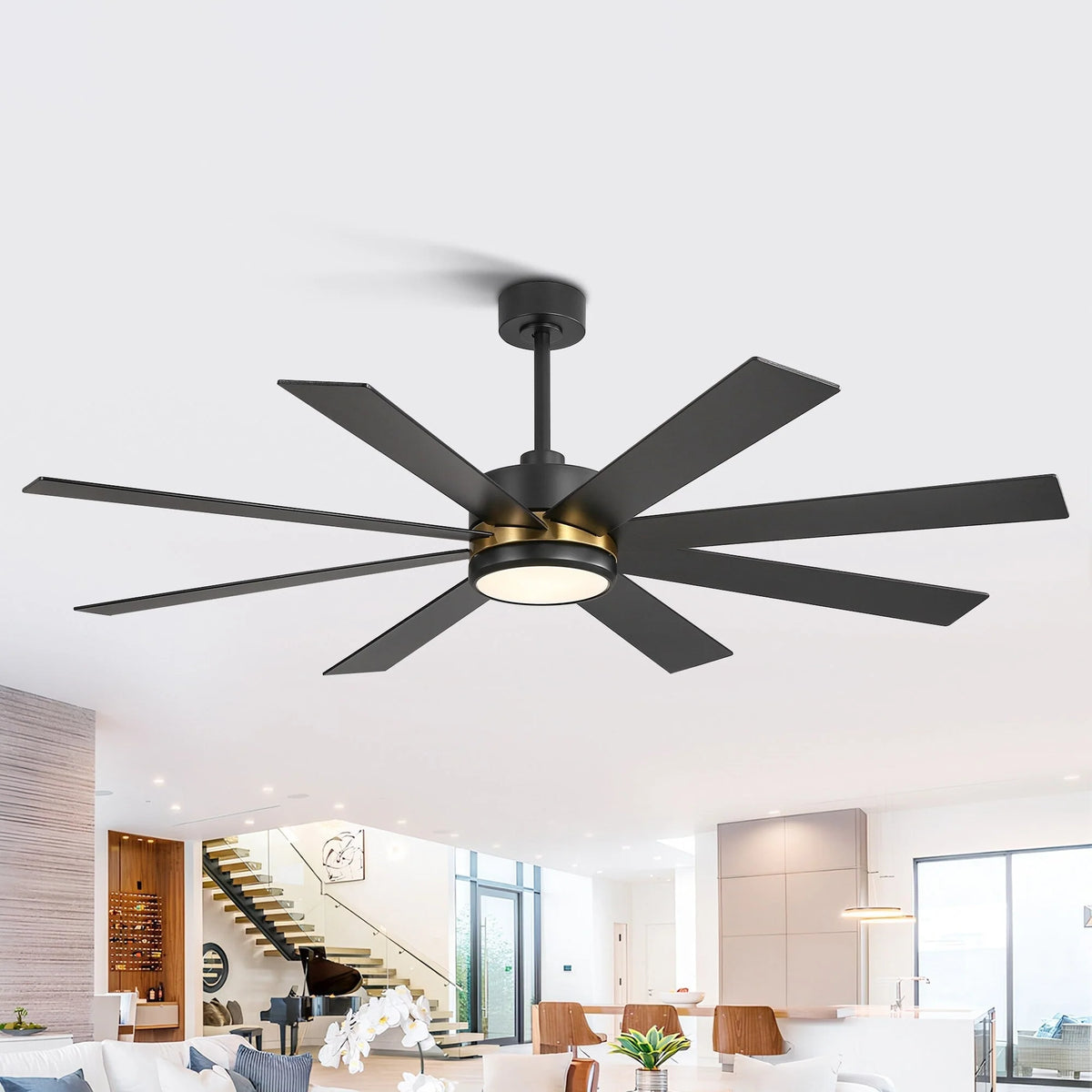 Stropní ventilátor černý LED s 8 lopatkami, světlem a dálkovým ovládáním, 65 Inch