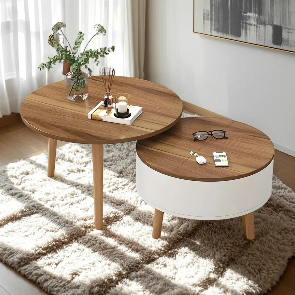 Tavolino da caffè moderno rotondo in legno bianco e nero con contenitore
