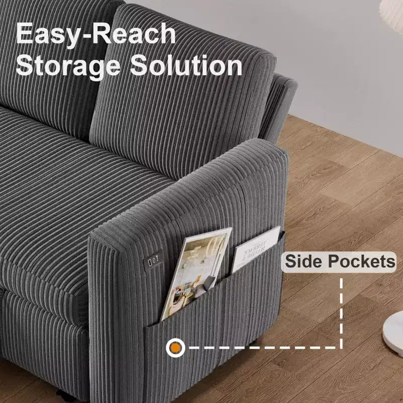 Sofá cama extraíble 2 en 1 Dyonery con chaise longue con almacenamiento, sofá seccional de pana C con puertos USB para sala de estar