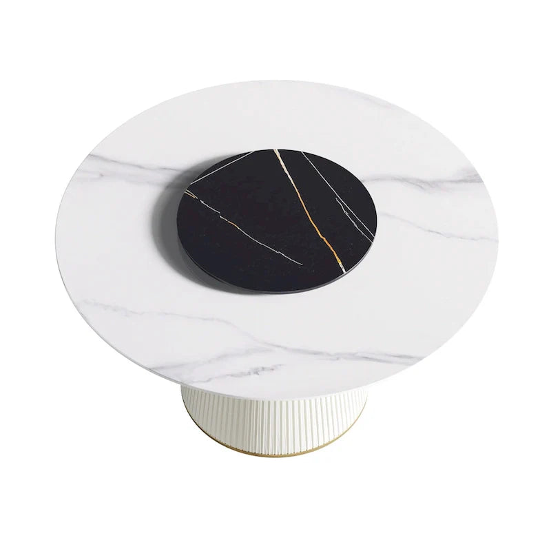Runder Esstisch mit 53 Zoll Durchmesser für 6 Personen, Tischplatte aus gesintertem Stein und drehbarer Servierplatte