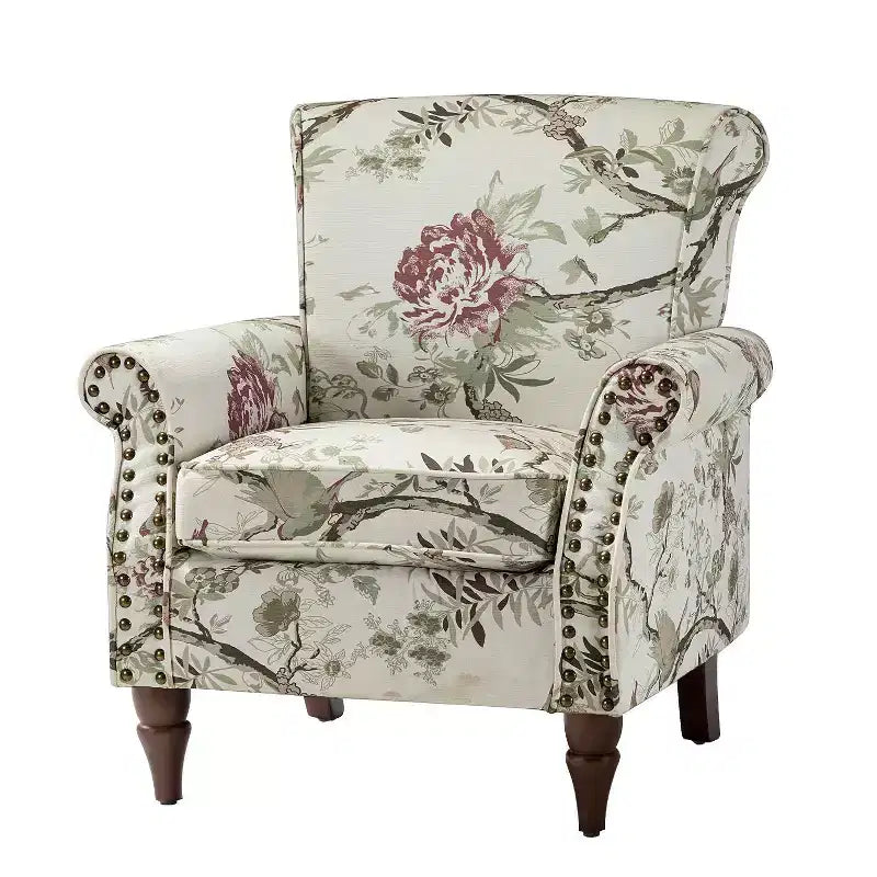 Araceli traditionele houten bloemenfauteuil met bekleding, hoge rugleuning en sierspijkerrand| ART OF LIVING DESIGNS