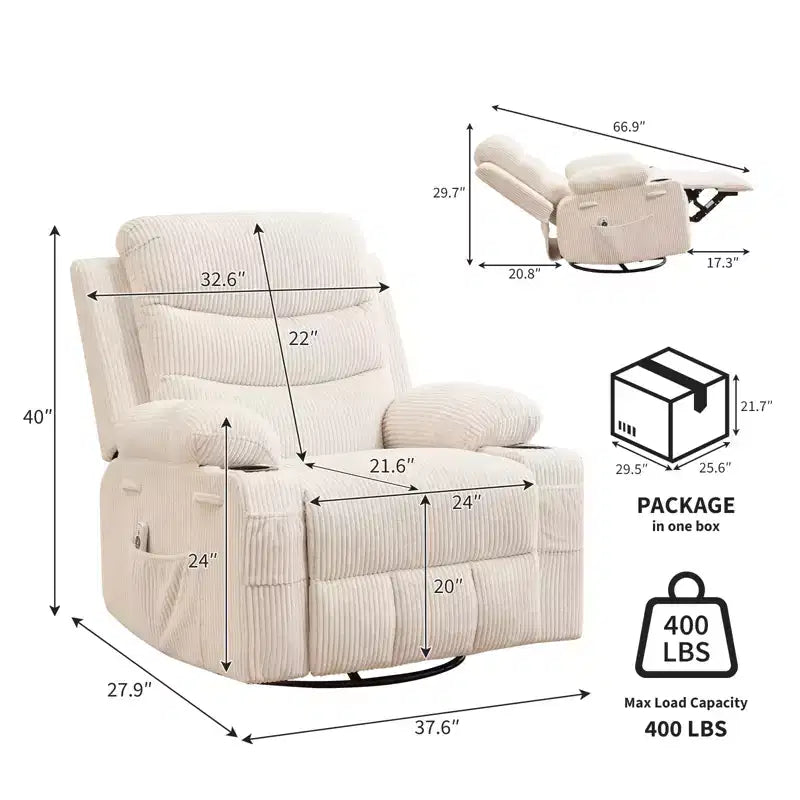 Drehbarer Schaukel-Relaxsessel mit Massage und Wärme, 360°-Gleiter mit Getränkehaltern und Seitentaschen, ergonomisches Loungesofa für Wohnzimmer, Wohnmobil und Kinderzimmer