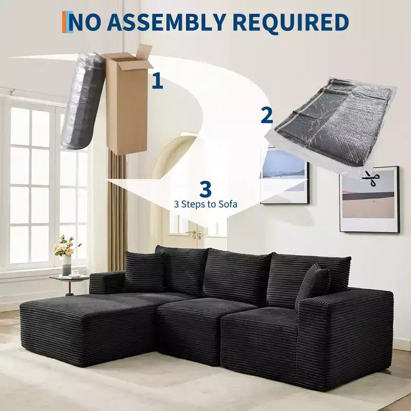 Sofá moderno 108, sofá tapizado de 3 plazas en forma de L con cojines, asiento profundo, no requiere montaje