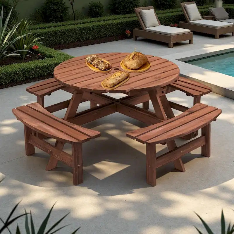 Conjunto de comedor de picnic redondo para patio exterior, de madera de abeto, para 8 personas, con 4 bancos integrados y orificio para sombrilla