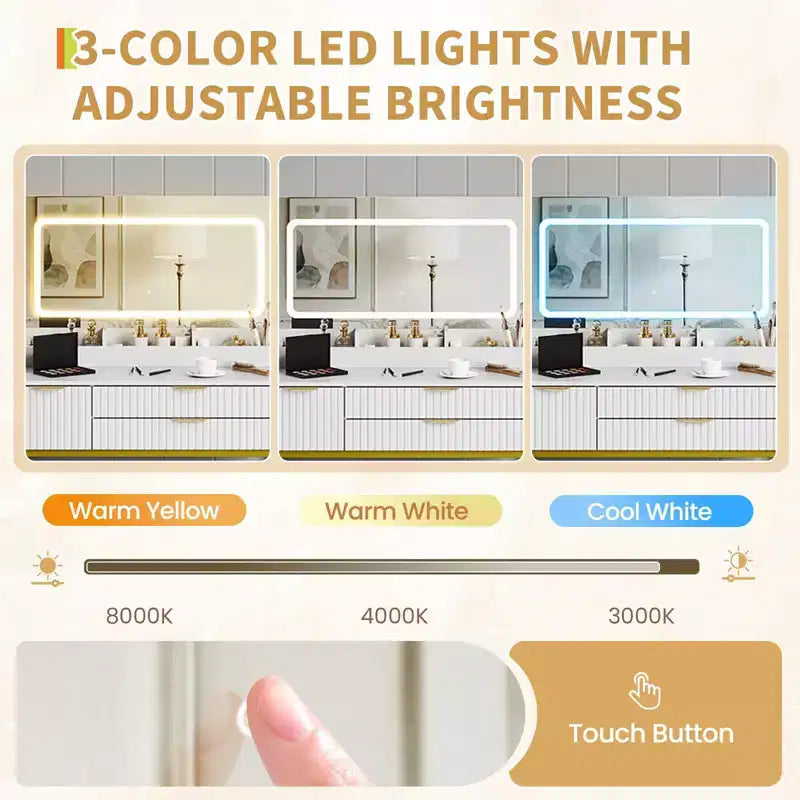 Escritorio tocador con espejo y luces, diseño con espejo iluminado por LED y amplios cajones para organizar cosméticos y artículos de tocador