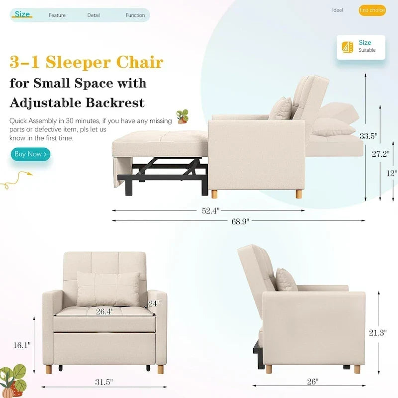 Poltrona divano letto 3 in 1 AECOJOY con cuscino e schienale convertibile