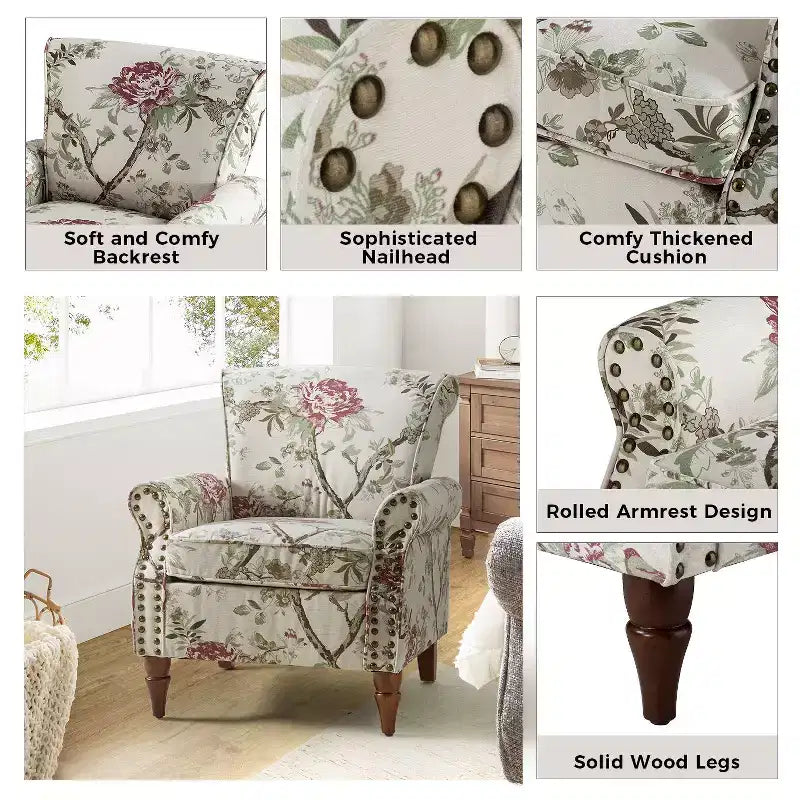Araceli traditionele houten bloemenfauteuil met bekleding, hoge rugleuning en sierspijkerrand| ART OF LIVING DESIGNS