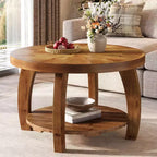 Table basse ronde Lantine en bois massif, table centrale à 2 niveaux avec rangement, plateau de 31,5 pouces à motif mosaïque, montage facile, pour le salon, marron