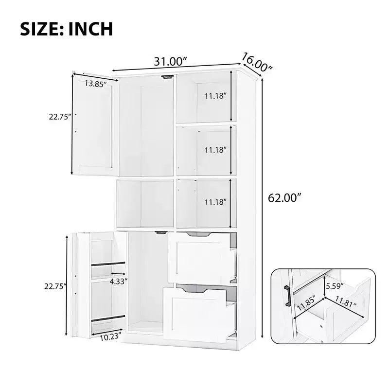 Badezimmerschrank mit 62 Zoll Höhe, freistehender Bodenschrank mit Schublade und verstellbarem Regal, Vorratsschrank für Bad und Wohnzimmer