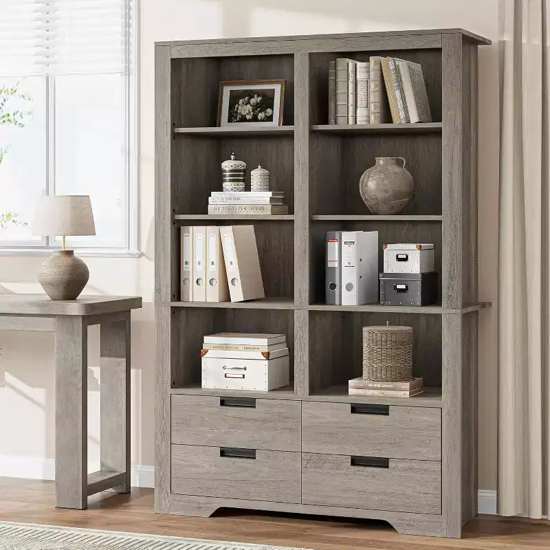 Libreria alta 72 con 4 cassetti, scaffale contenitore indipendente in stile rustico per camera da letto, soggiorno e ufficio domestico