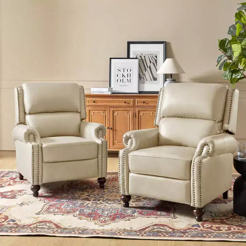 Set di 2 poltrone reclinabili moderne Elisabete con schienale ad ali in vera pelle e borchie decorative vintage per soggiorno e camera da letto| ART OF LIVING DESIGNS