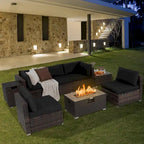 8-teiliges Patio-Rattanmöbel-Set mit Feuerstellentisch, Gasflaschenhalter, Abdeckung und Terrassenmöbeln