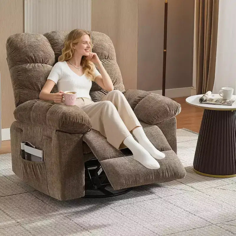 Massagestoel met warmtefunctie - 360° draaibare schommelstoel, extra brede eenpersoonsbank met vibratie, USB en opbergvakken voor woonkamer/slaapkamer
