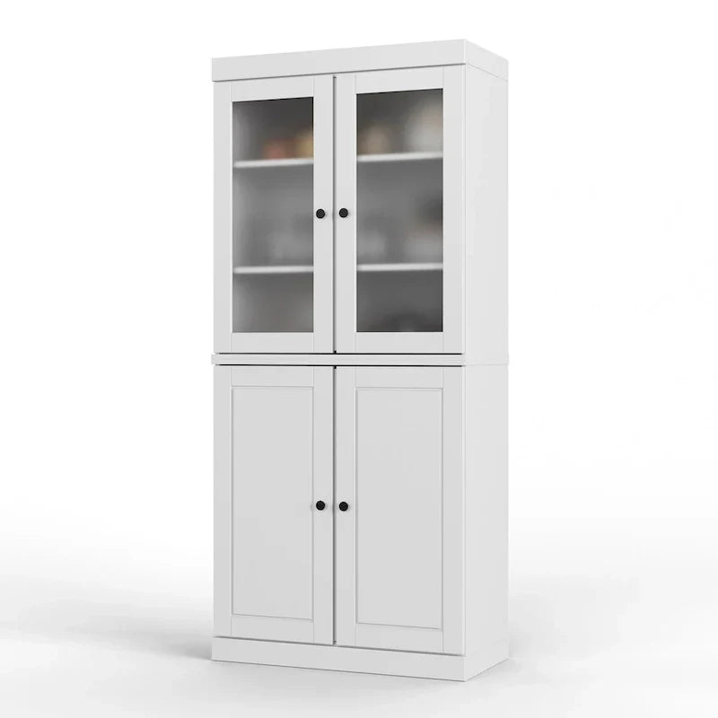 Speisekammerschrank aus 100 % Massivholz mit Milchglastüren, blickdichten Türen, 2 Schubladen und verstellbaren Einlegeböden