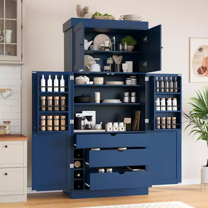 Despensa de cocina independiente de 77 pulgadas de alto, armario de almacenamiento estilo granja con estantes ajustables, estantes en las puertas, cajones y botelleros - ModernLuxe