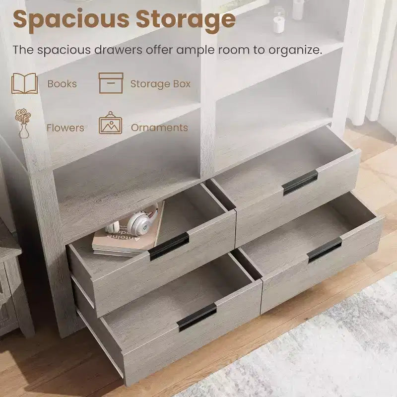 Libreria alta 72 con 4 cassetti, scaffale contenitore indipendente in stile rustico per camera da letto, soggiorno e ufficio domestico