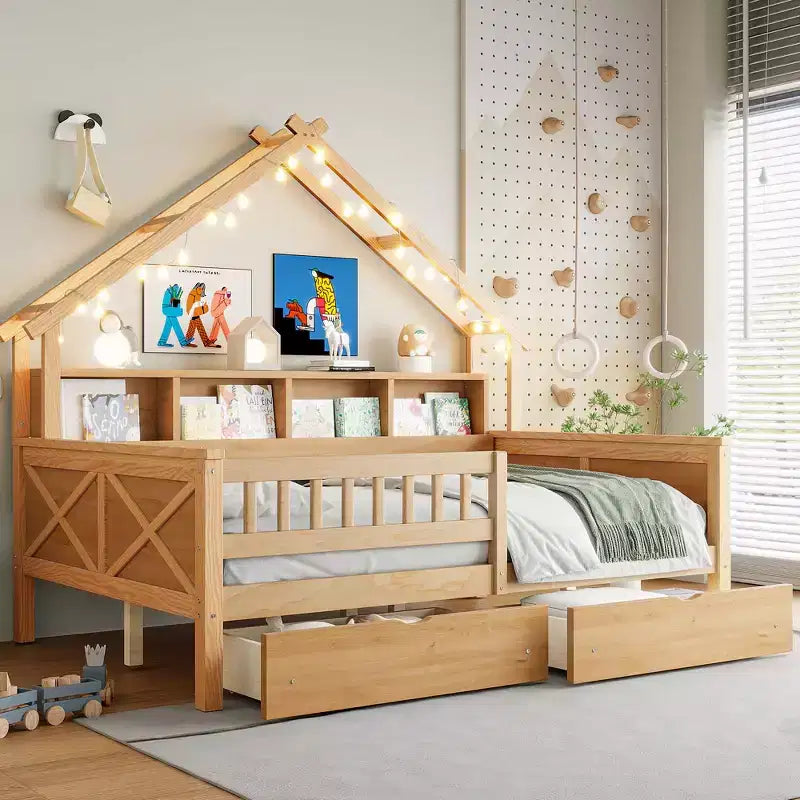 Estructura de cama tipo casita de tamaño completo con cajones, cama plataforma tipo casita con luces LED, estantes y cajones de almacenamiento, diván de madera con techo y barandilla