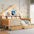 Estructura de cama tipo casita de tamaño completo con cajones, cama plataforma tipo casita con luces LED, estantes y cajones de almacenamiento, diván de madera con techo y barandilla
