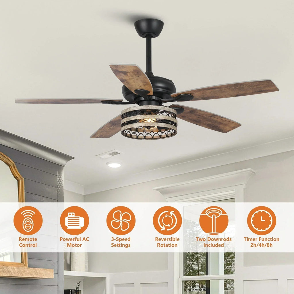 52 Deckenventilator im Landhausstil mit Treibholzoptik, 5 schwarzen Flügeln, Käfigdesign und Fernbedienung