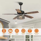 52 Deckenventilator im Landhausstil mit Treibholzoptik, 5 schwarzen Flügeln, Käfigdesign und Fernbedienung