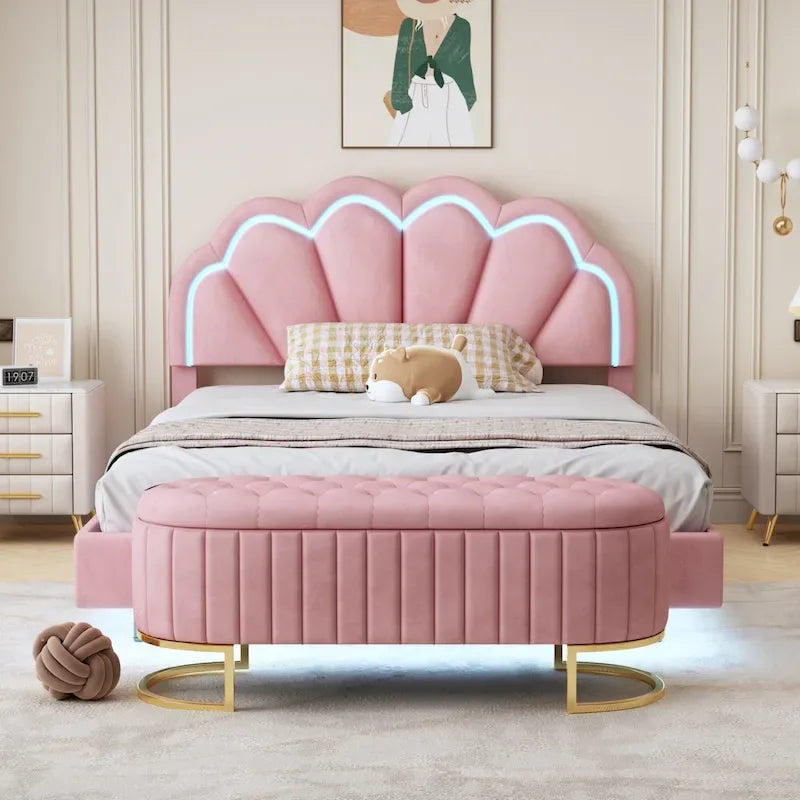 Set da camera da letto in 2 pezzi, letto a piattaforma matrimoniale LED con pouf contenitore