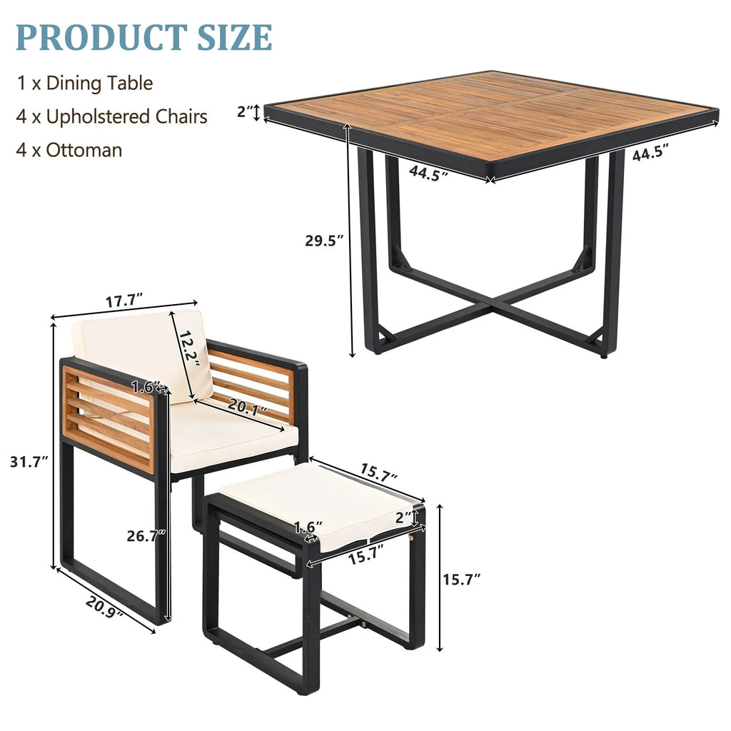 Juego de comedor de patio de 18 piezas de madera de acacia, con 8 sillas acolchadas, 8 otomanas y 2 mesas cuadradas