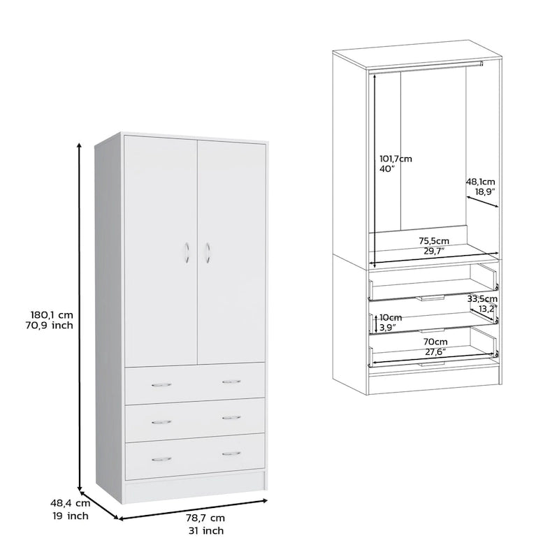 Armario moderno de dos puertas 19 con 3 cajones y 1 barra para colgar, para dormitorio